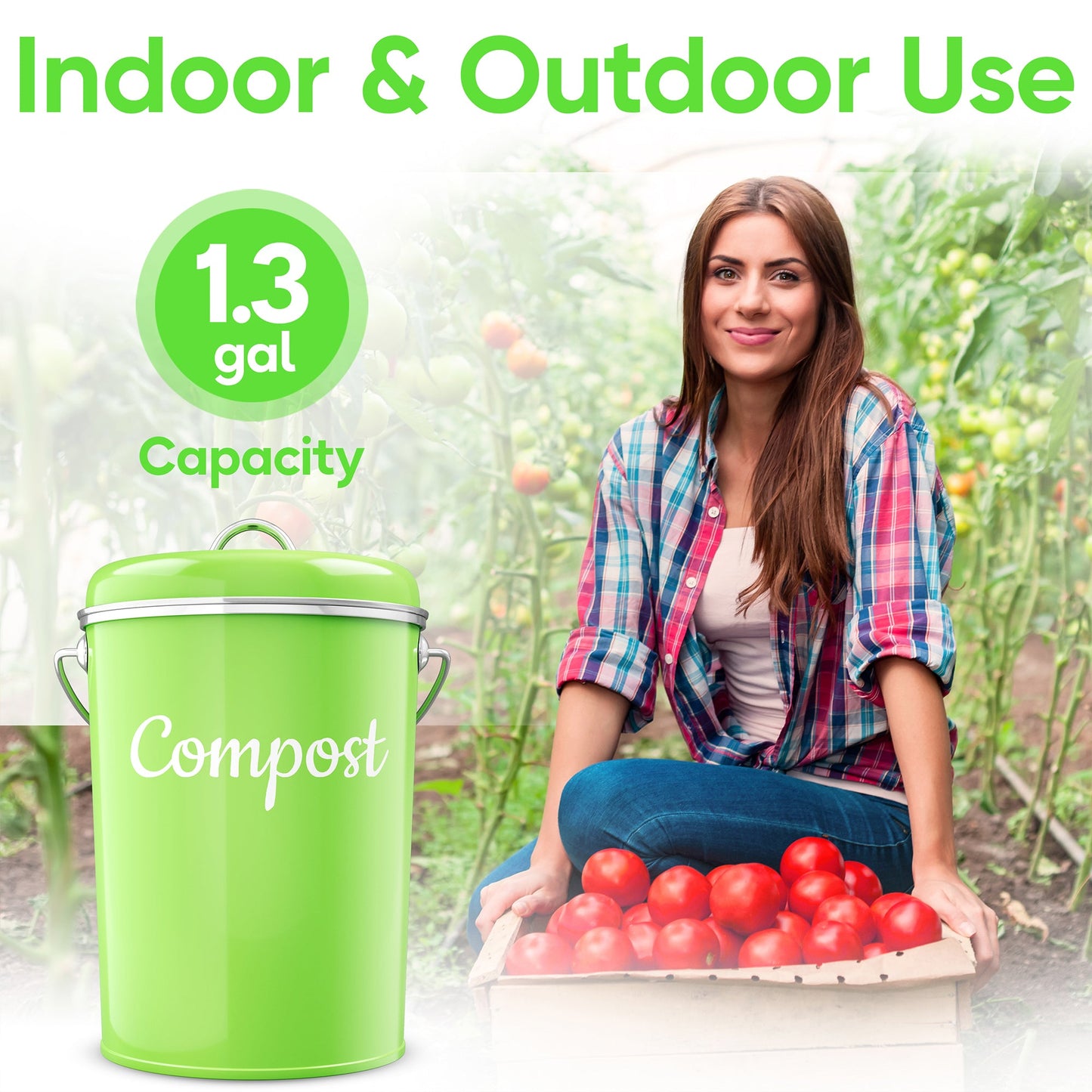 Lucky Family Green Countertop Compost Bin with Lid - 1.3 Gal Stainless Steel Compost Pail for Kitchen - Bucket Composter Container Indoor Outdoor - 50 Biodegradable Bags and 6 Charcoal Filters – Green